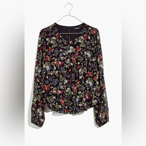 Madewell Sheer-Sleeve Ruffle Peplum Top in Finch Floral. Small. - Picture 1 of 10